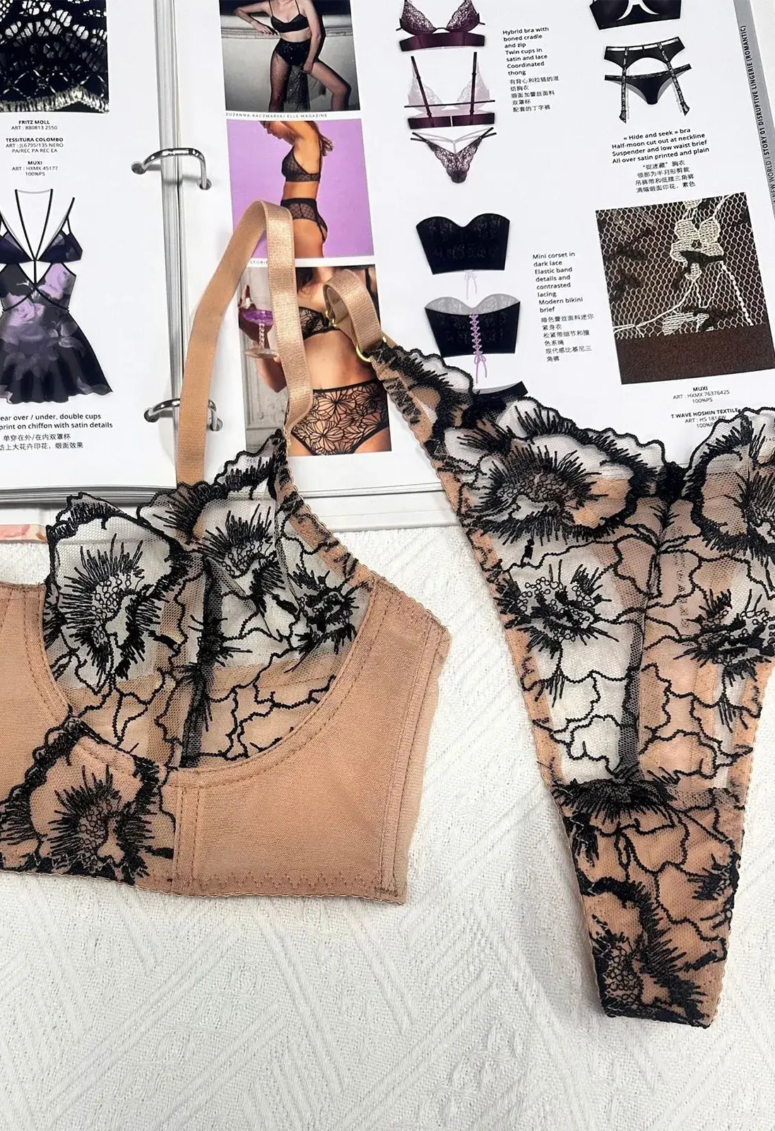 Detailed view of Bare Bloom sheer corset and thong set showing refined embroidery and nude mesh craftsmanship.