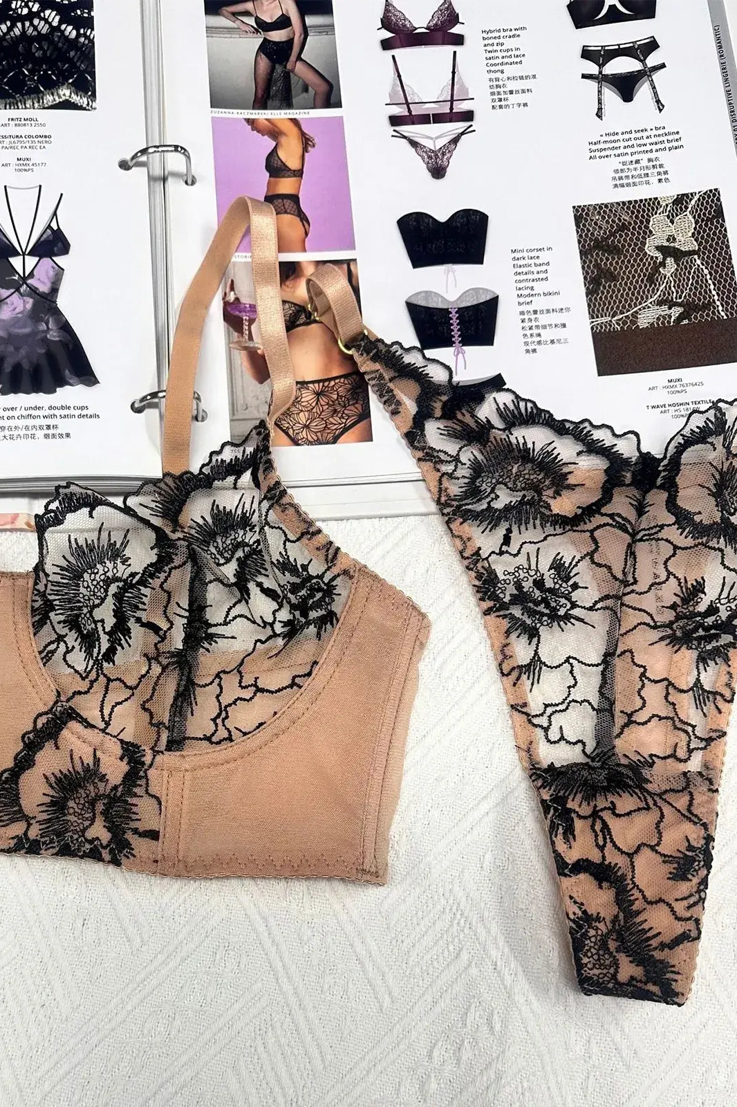 Detailed view of Bare Bloom sheer corset and thong set showing refined embroidery and nude mesh craftsmanship.