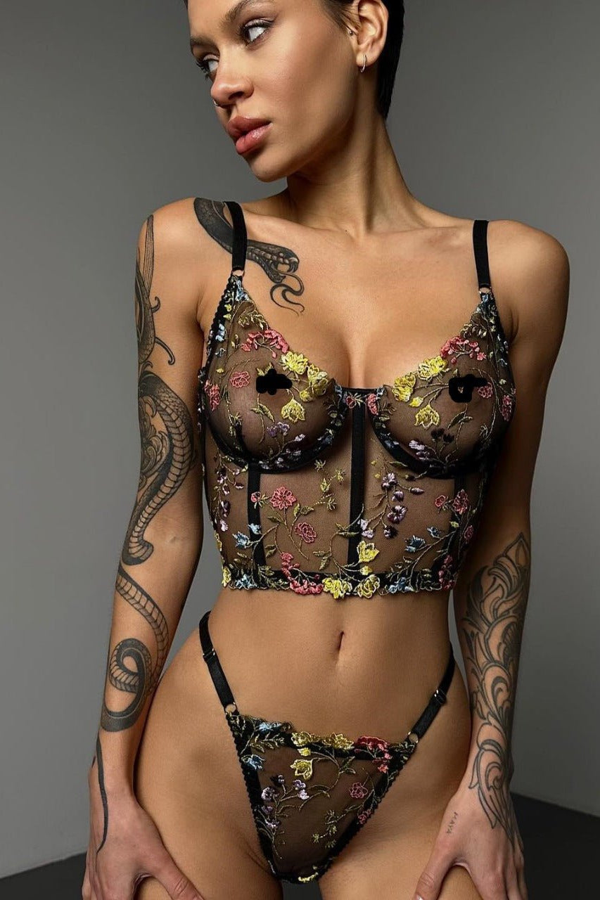 Black Floral Embroidered Corset Lingerie Set - gosundaymarket
