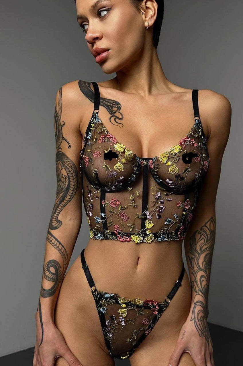 Black Floral Embroidered Corset Lingerie Set - gosundaymarket