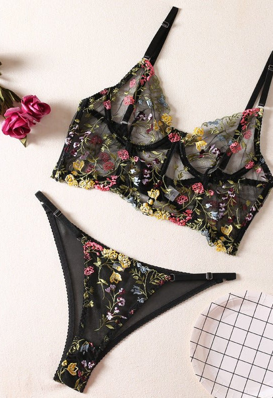 Black Floral Embroidered Corset Lingerie Set - gosundaymarket