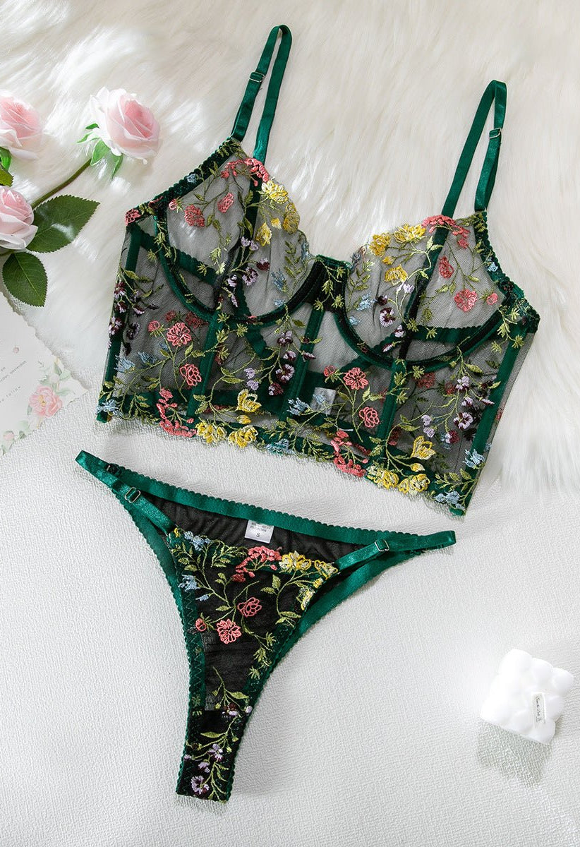 Black Floral Embroidered Corset Lingerie Set - gosundaymarket