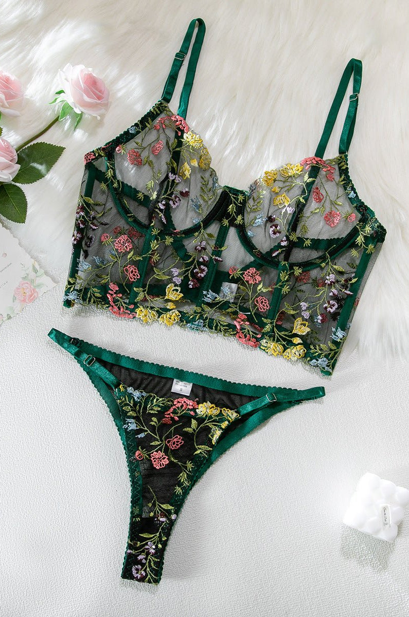 Black Floral Embroidered Corset Lingerie Set - gosundaymarket