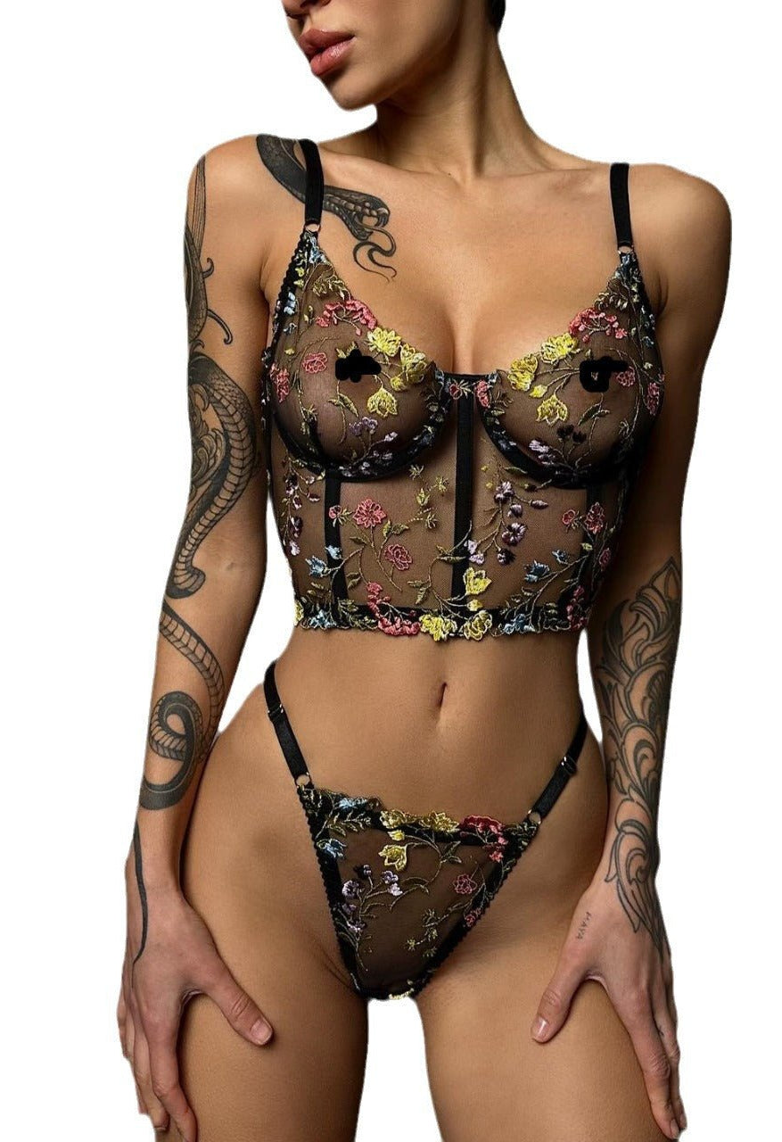 Black Floral Embroidered Corset Lingerie Set - gosundaymarket