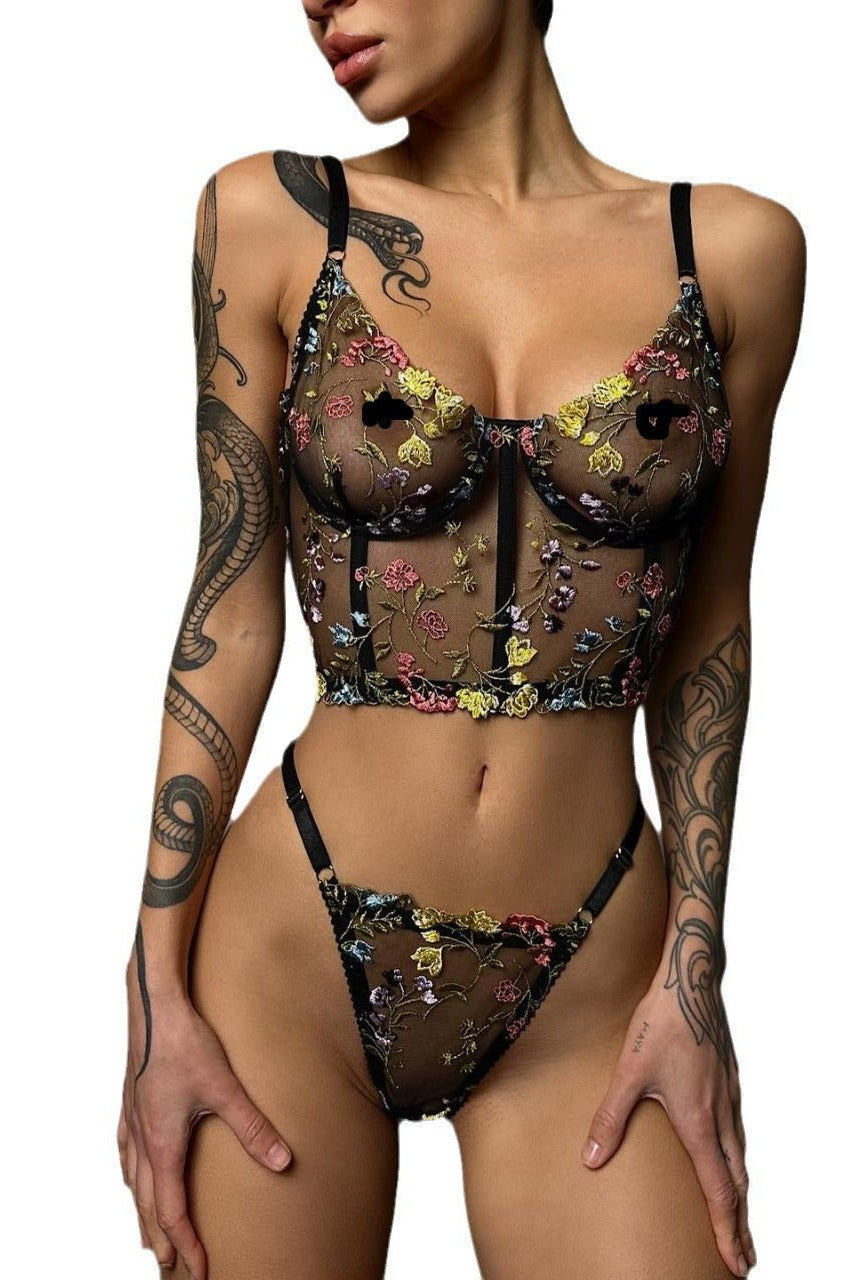 Black Floral Embroidered Corset Lingerie Set - gosundaymarket