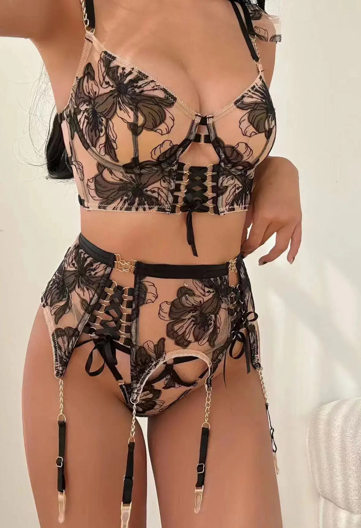 Side close-up of Noir Eclipse lingerie’s black lace and gold floral motifs against skin, highlighting transparency