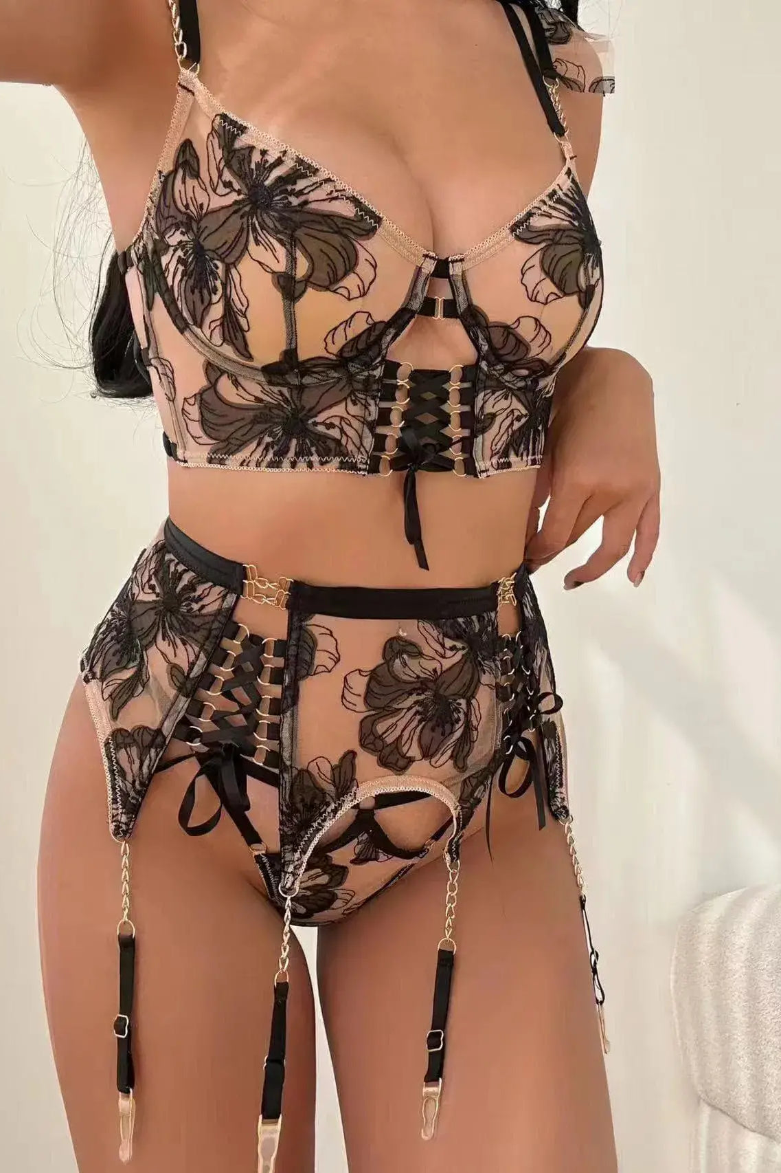 Side close-up of Noir Eclipse lingerie’s black lace and gold floral motifs against skin, highlighting transparency