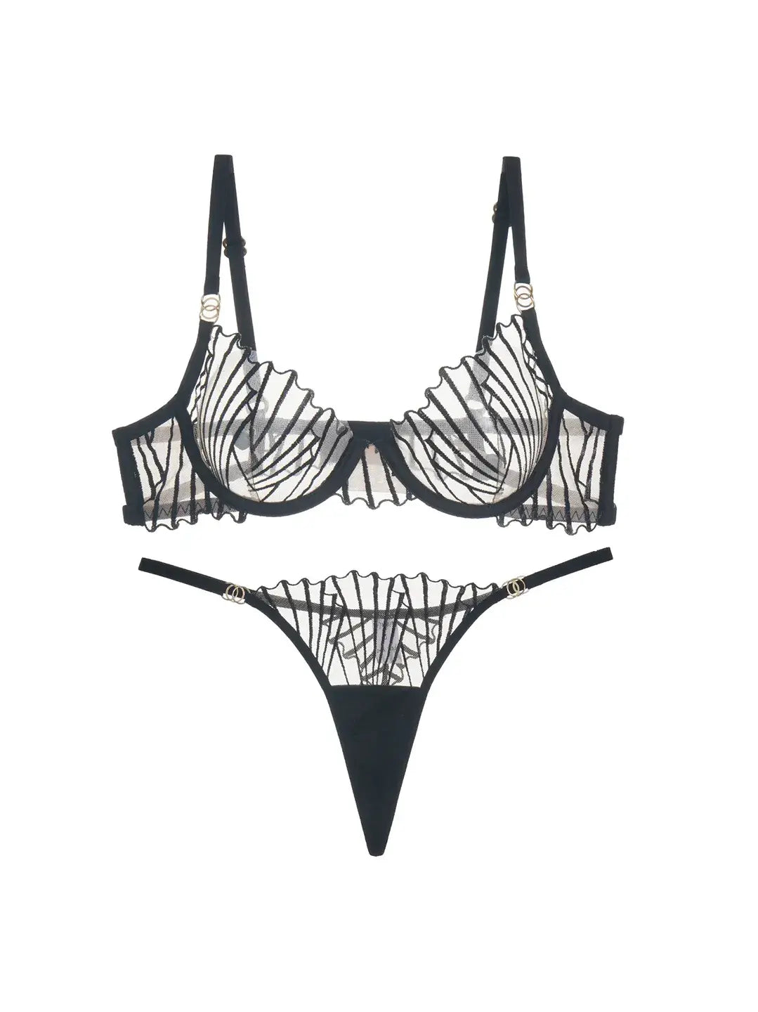 Black lace bra and G-string with back hook closure and open-back cut-out design.