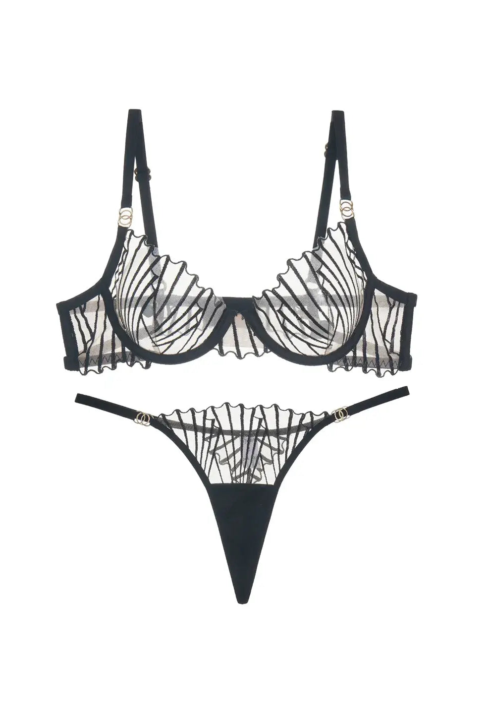 Black lace bra and G-string with back hook closure and open-back cut-out design.