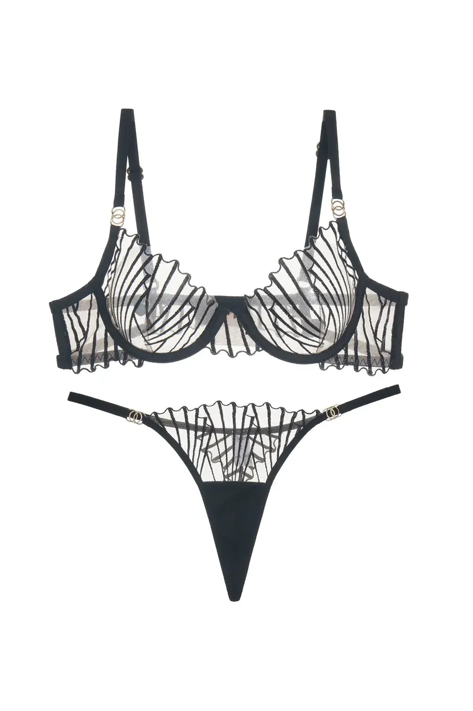 Black lace bra and G-string with back hook closure and open-back cut-out design.