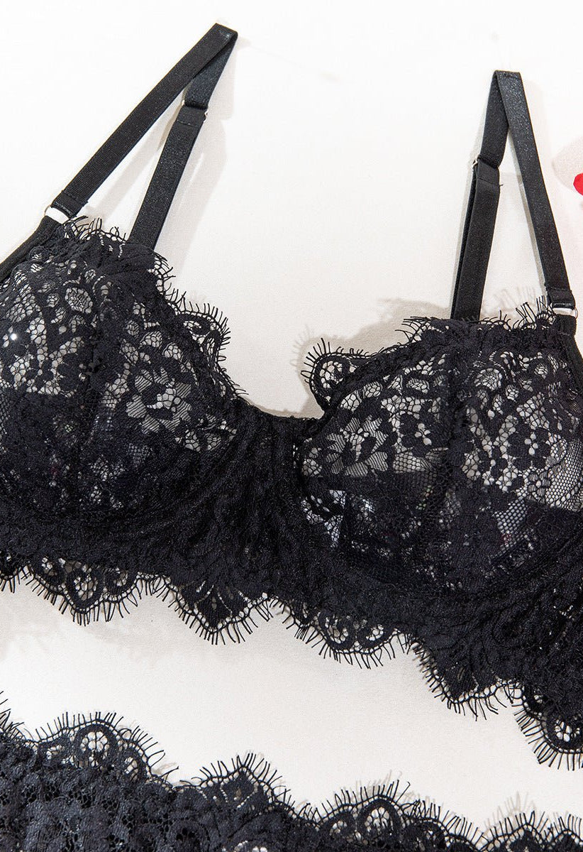 Black Lace Embroidered Supportive Lingerie Set - gosundaymarket