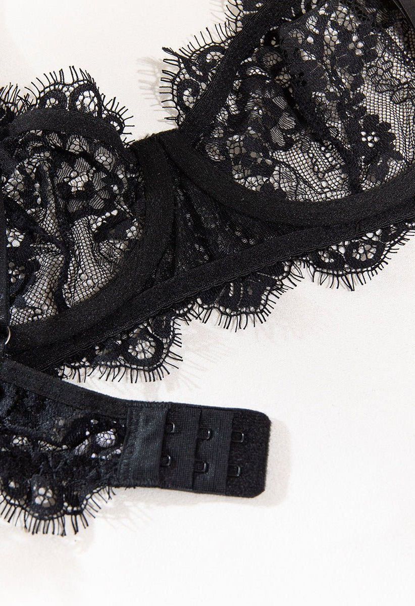 Black Lace Embroidered Supportive Lingerie Set - gosundaymarket