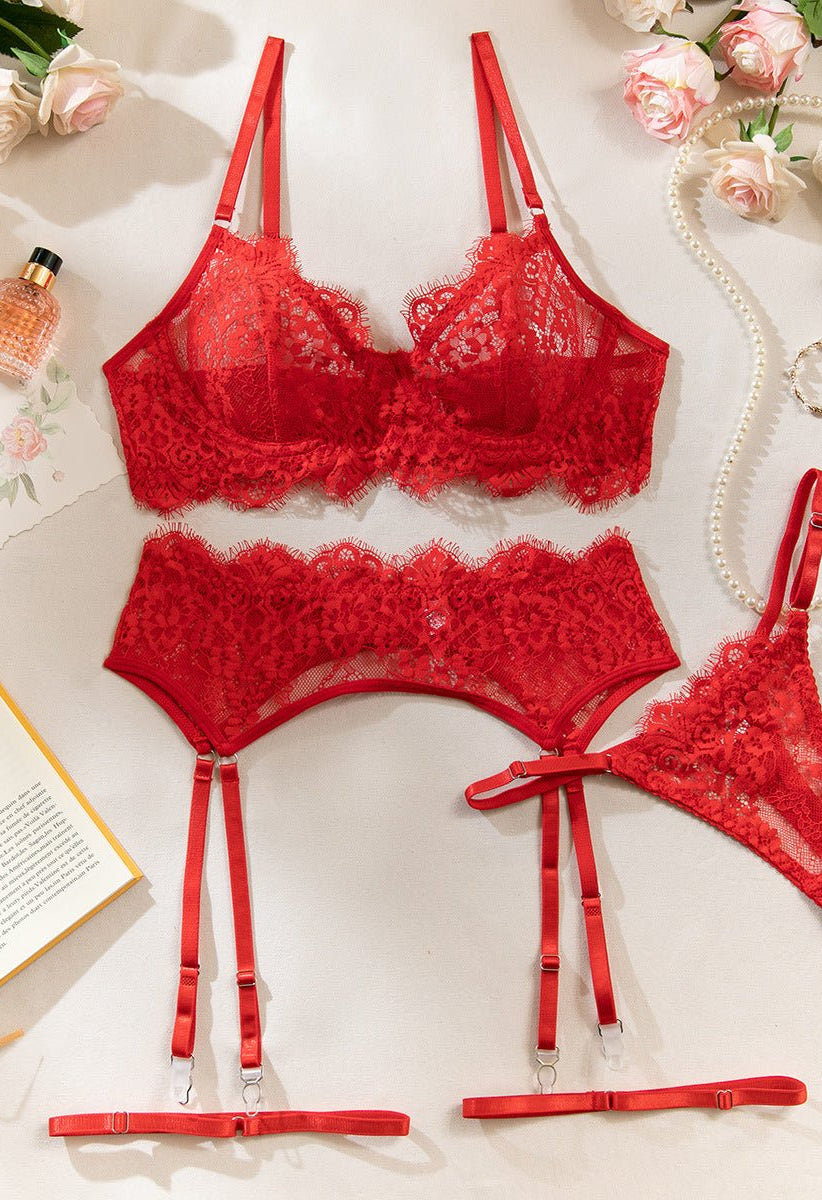 Black Lace Embroidered Supportive Lingerie Set - gosundaymarket