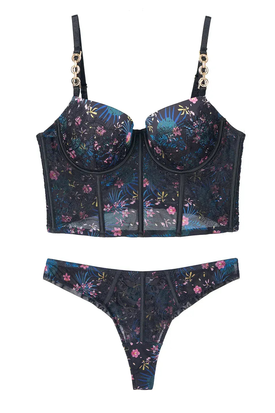 Black lace lingerie hanging on display, photographed for a sleek editorial look.