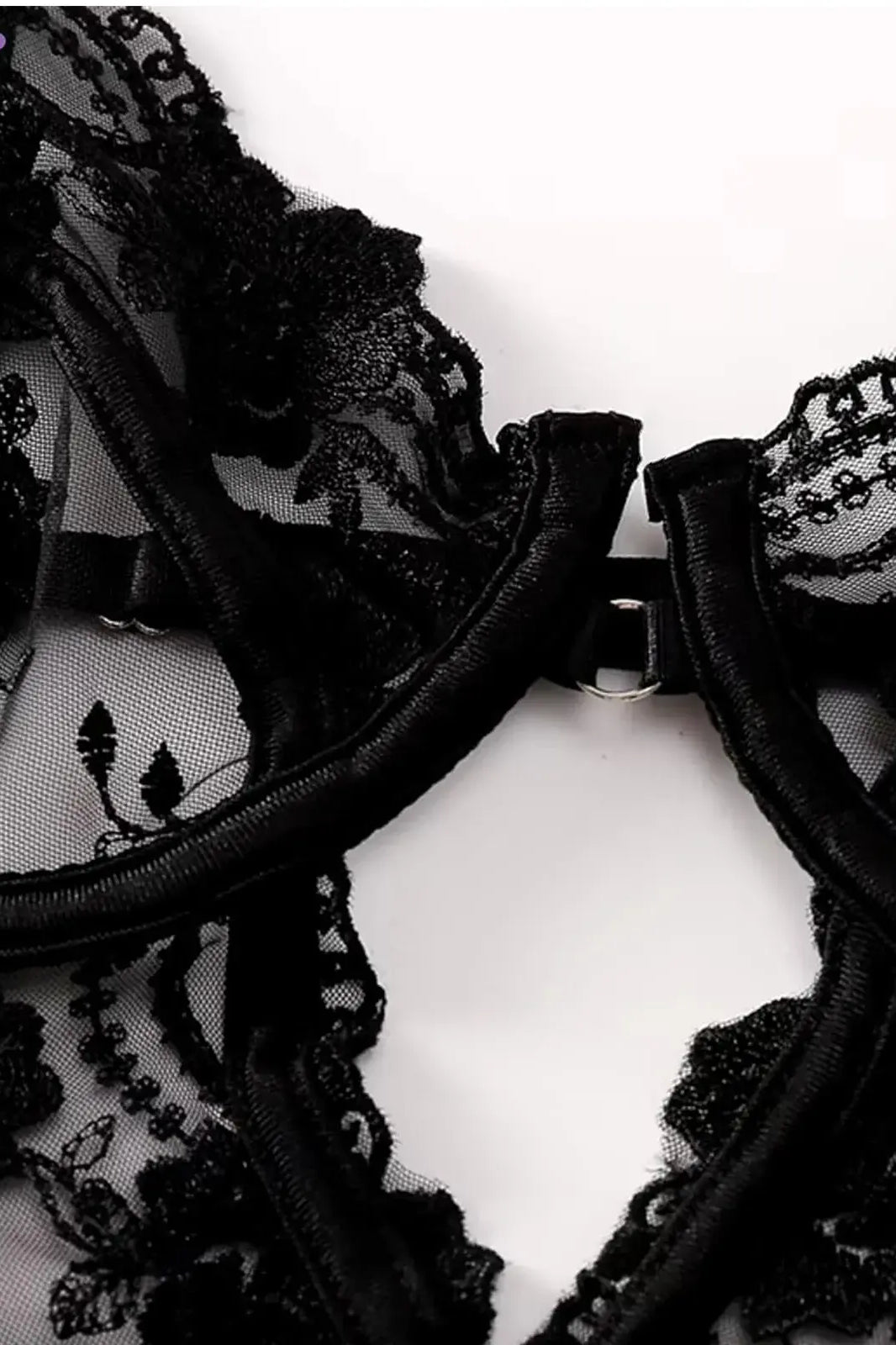 Layflat image displaying fabric texture and delicate lace of Black Lace Sheer Shapewear Bodysuit.