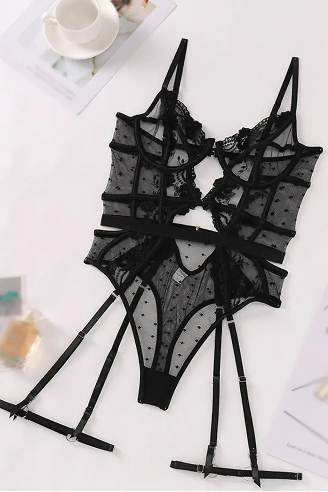 Full layflat display of Black Lace Sheer Shapewear Bodysuit showing design and proportions.