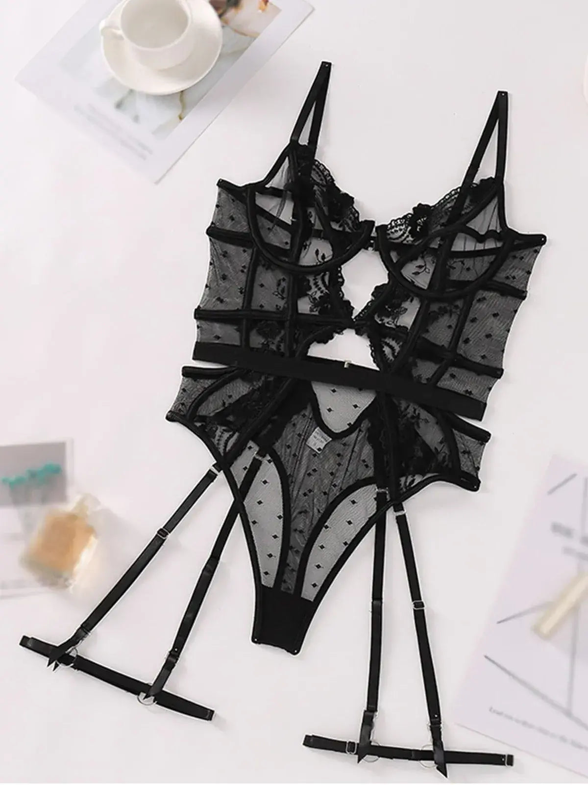 Full layflat display of Black Lace Sheer Shapewear Bodysuit showing design and proportions.