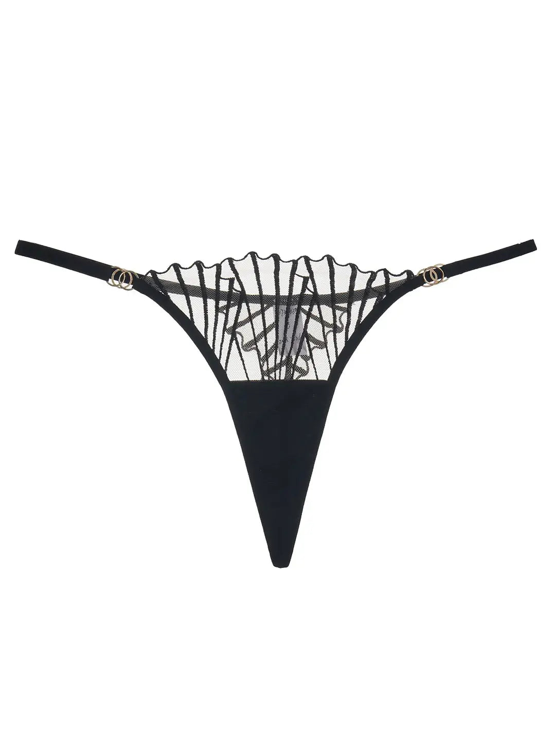 Close-up of black lace triangle panty showing lace texture.