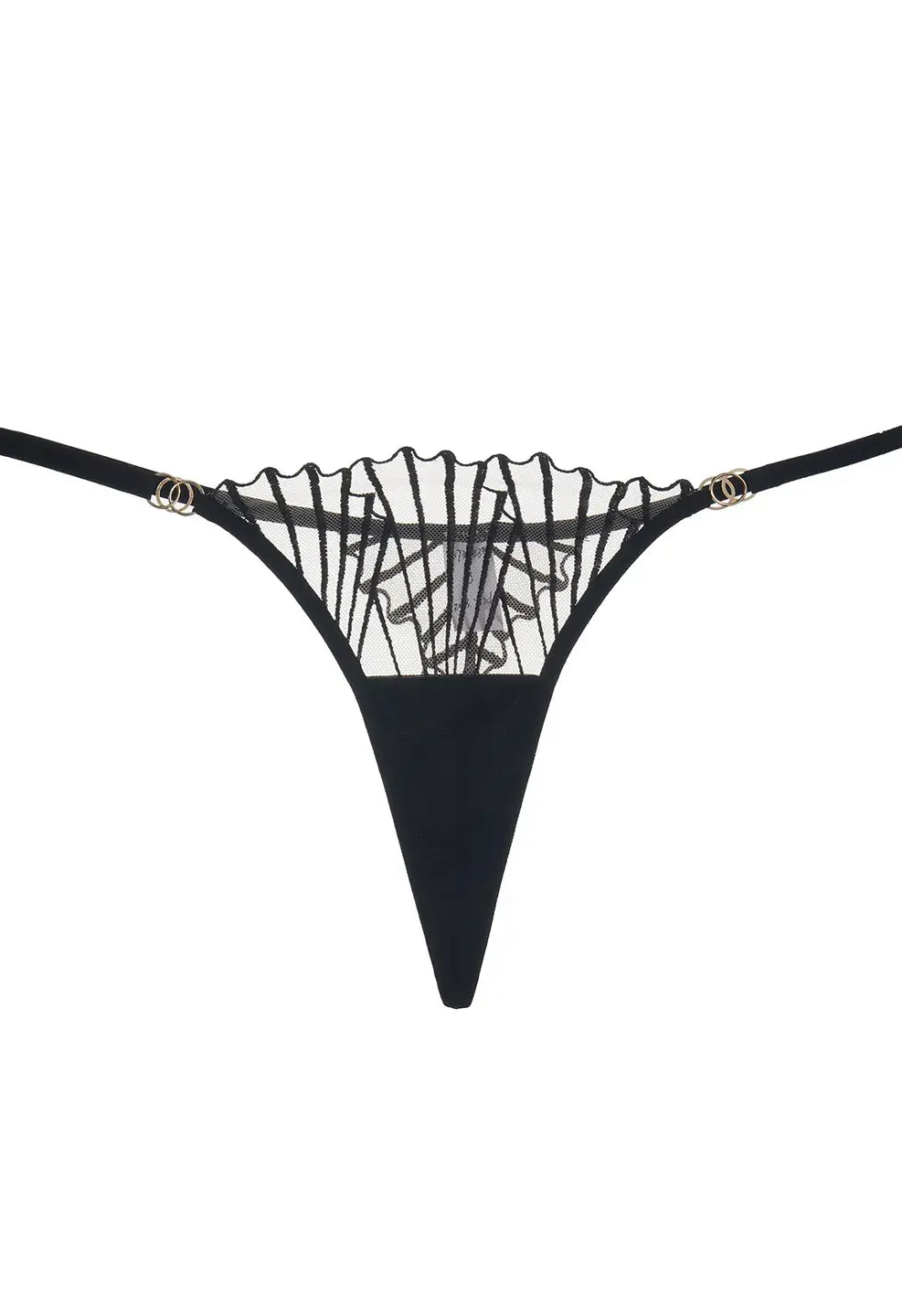 Close-up of black lace triangle panty showing lace texture.