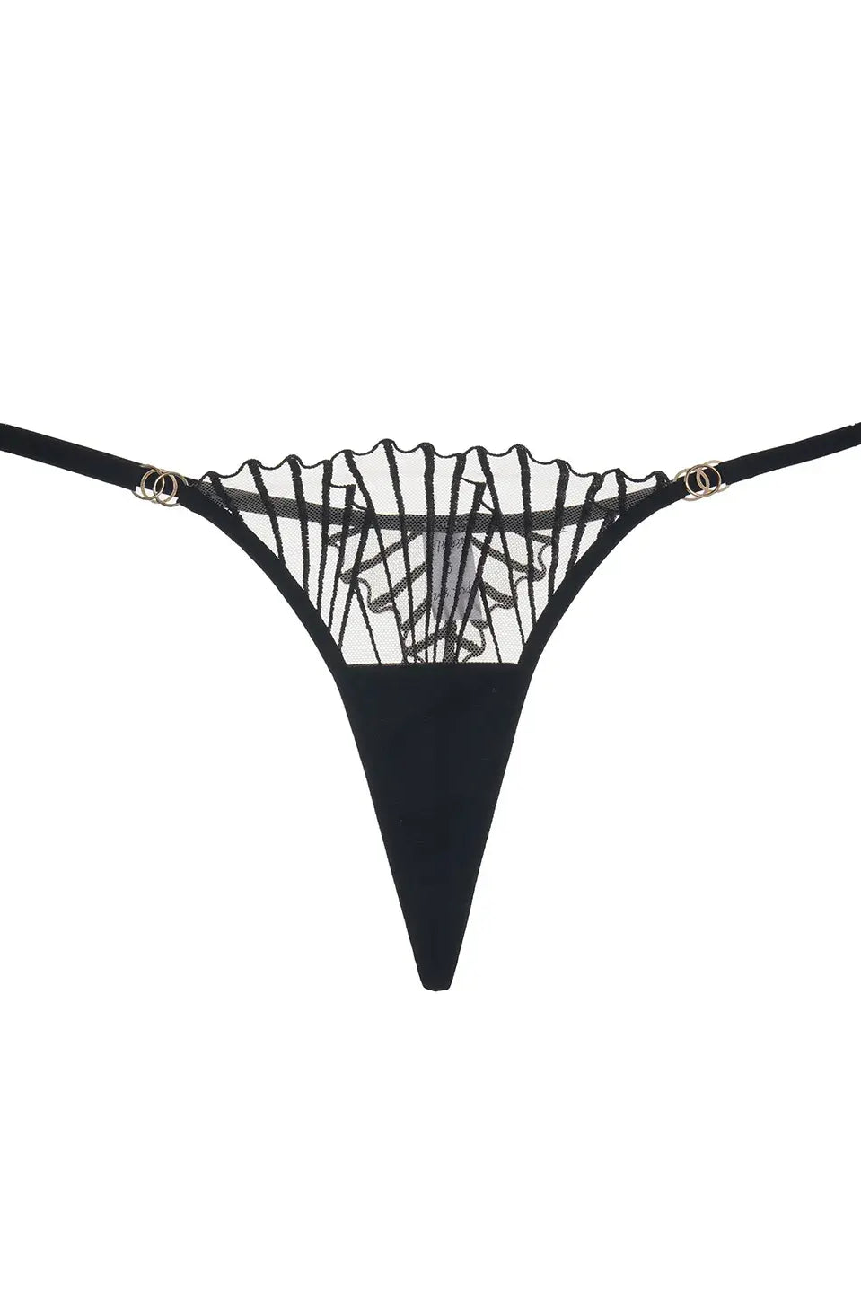 Close-up of black lace triangle panty showing lace texture.