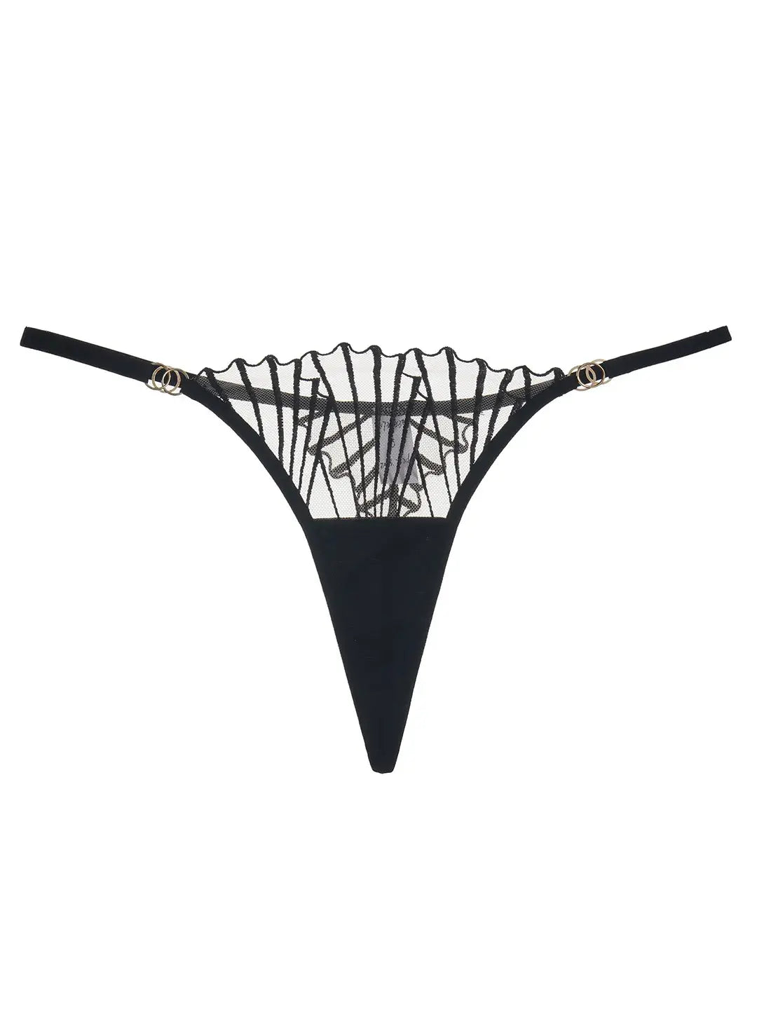 Close-up of black lace triangle panty showing lace texture.