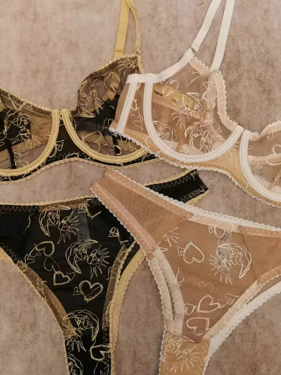 Two-piece set featuring Black Lace Women Underwear with celestial embroidery and Nude Gold lace lingerie side by side.