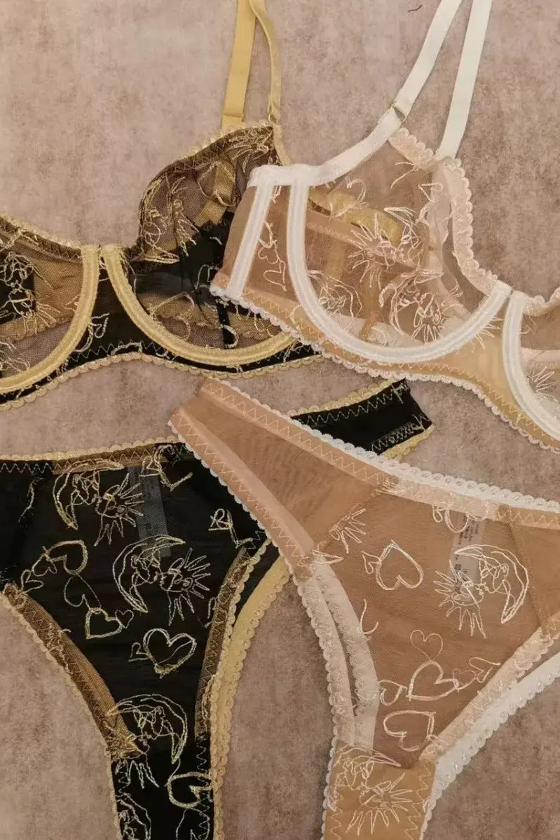 Two-piece set featuring Black Lace Women Underwear with celestial embroidery and Nude Gold lace lingerie side by side.