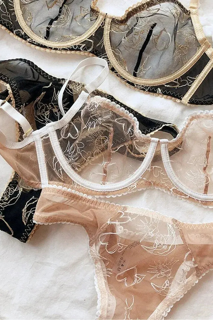 Close-up of sheer mesh fabrics from Black Lace Women Underwear Set and Nude Gold embroidery lingerie.