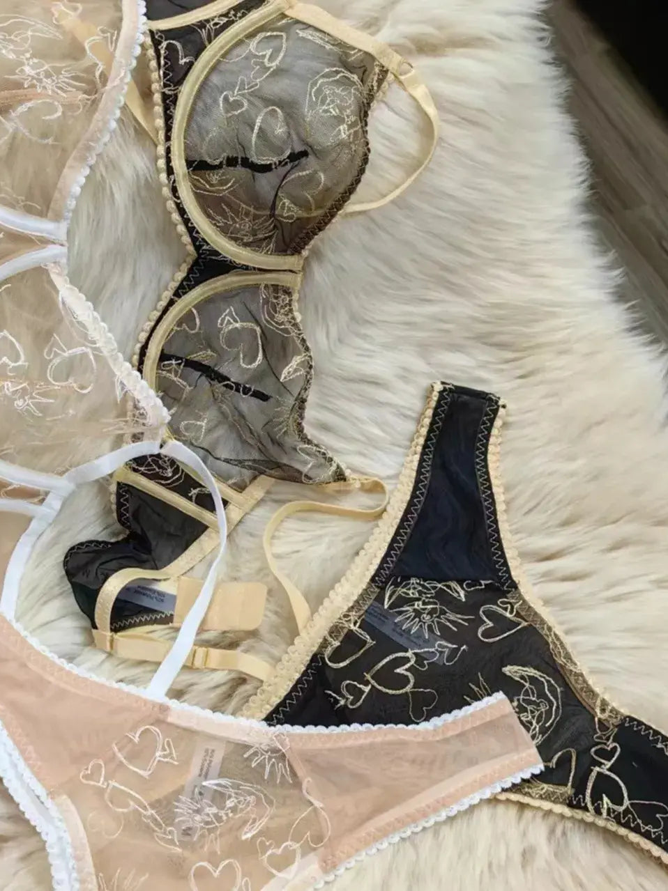 Material detail comparison of Black Lace Women Underwear Set with Nude Gold lace highlighting embroidery and mesh texture.