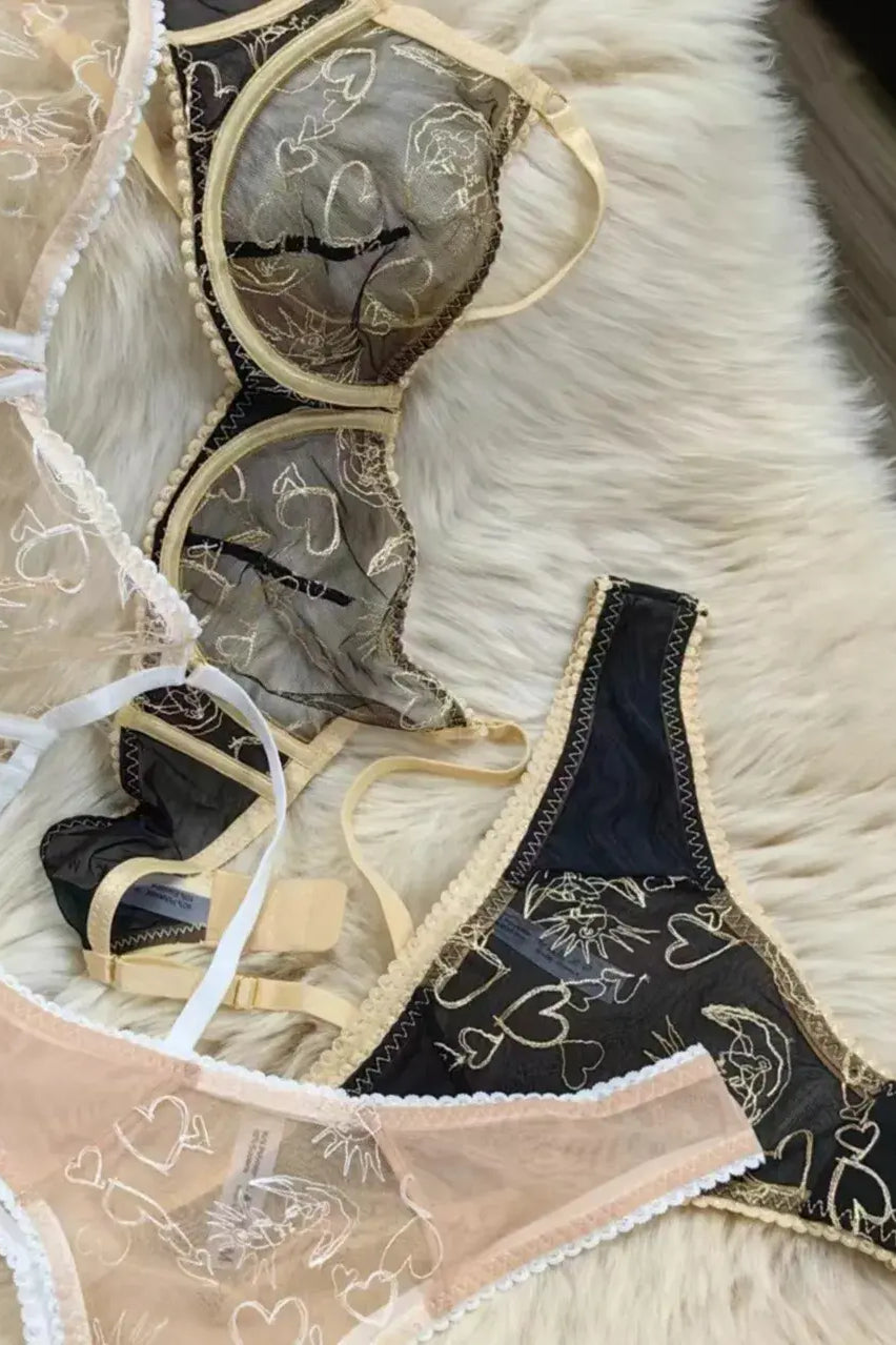 Material detail comparison of Black Lace Women Underwear Set with Nude Gold lace highlighting embroidery and mesh texture.