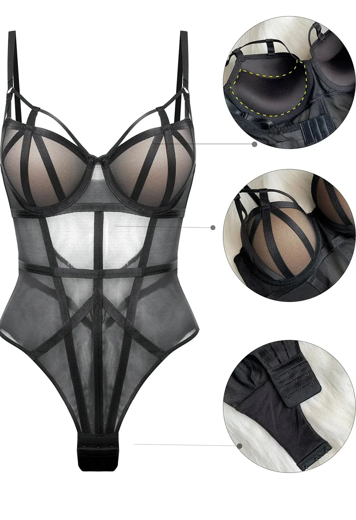 Crotch panel and snap hook detail of black mesh lingerie bodysuit.