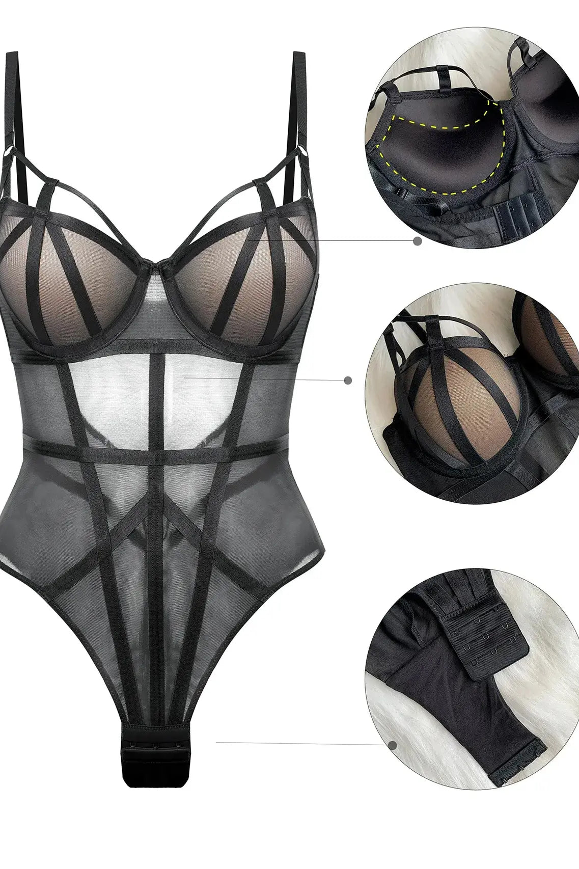 Crotch panel and snap hook detail of black mesh lingerie bodysuit.