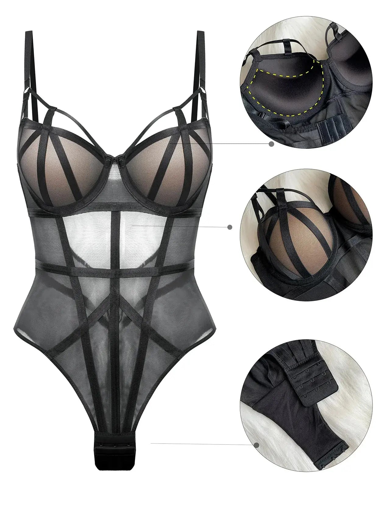 Crotch panel and snap hook detail of black mesh lingerie bodysuit.