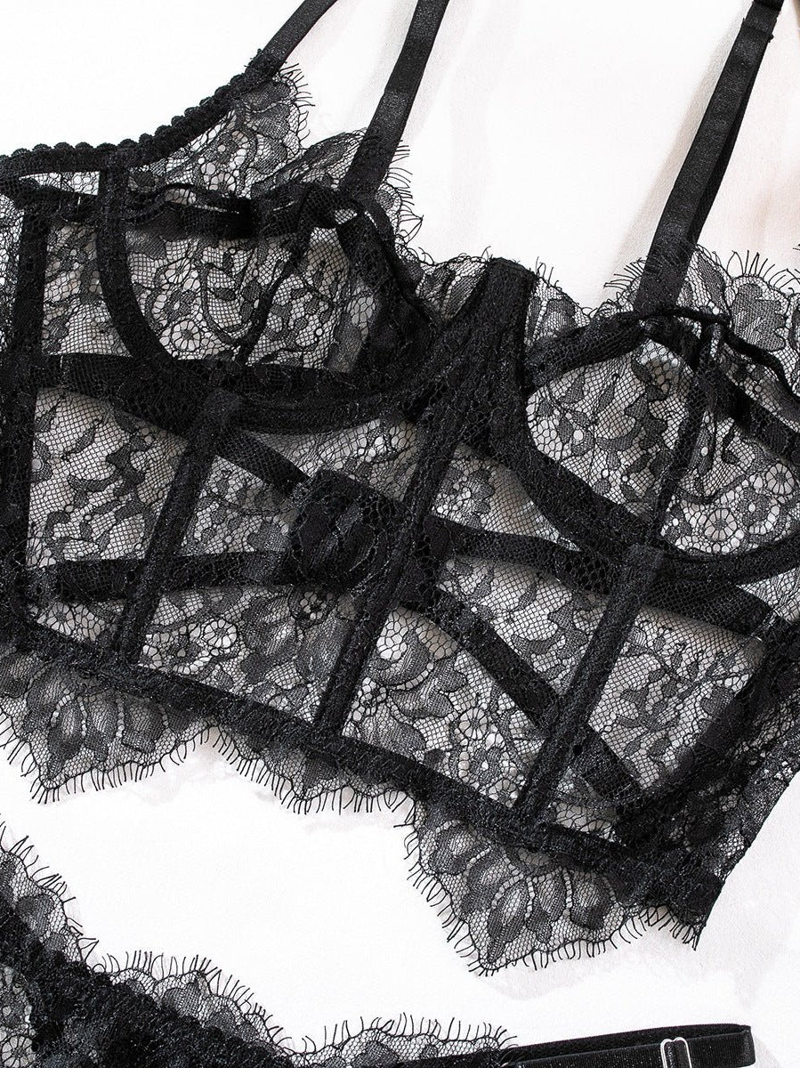 Black & Red Lace Adjustable Embroidered Corset & Panty Lingerie Set - gosundaymarket