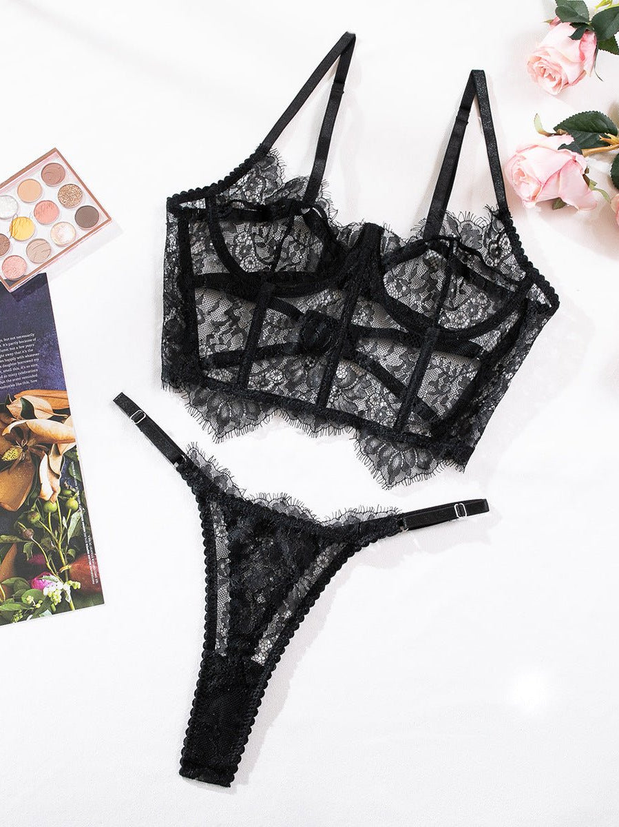 Black & Red Lace Adjustable Embroidered Corset & Panty Lingerie Set - gosundaymarket