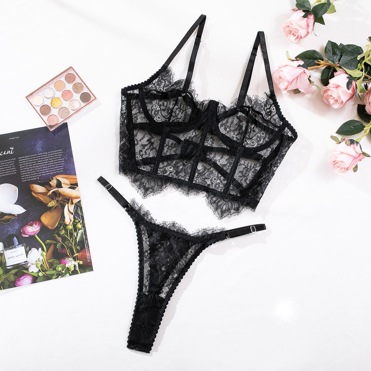 Black & Red Lace Adjustable Embroidered Corset & Panty Lingerie Set - gosundaymarket