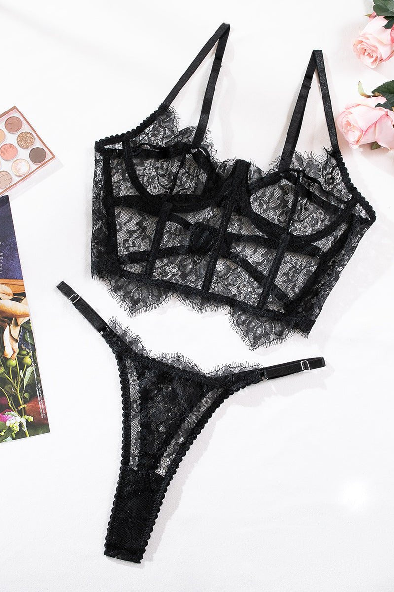 Black & Red Lace Adjustable Embroidered Corset & Panty Lingerie Set - gosundaymarket