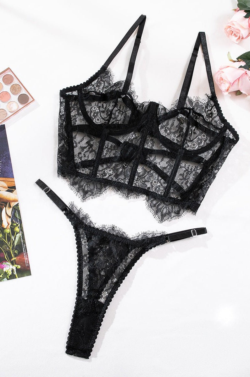 Black & Red Lace Adjustable Embroidered Corset & Panty Lingerie Set - gosundaymarket