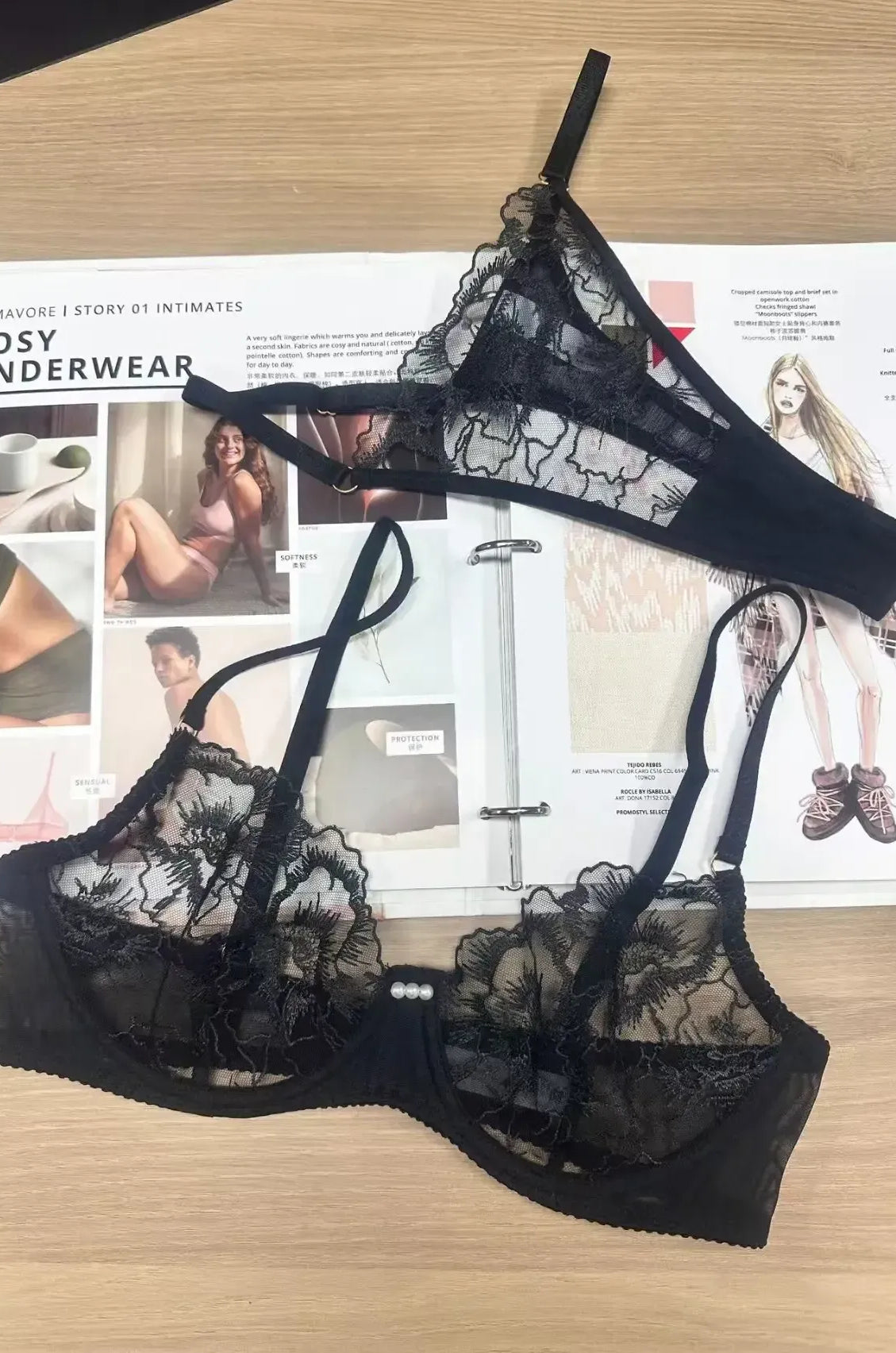 Detailed view of black sheer lingerie set highlighting exquisite craftsmanship and fabric texture.