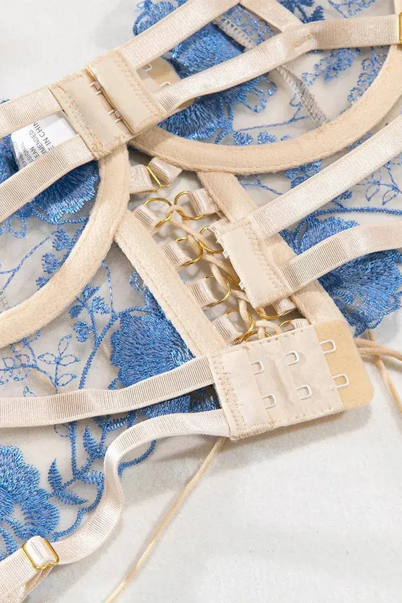 Blue bustier top lingerie with back lacing and gold chain details, adjustable for perfect fit