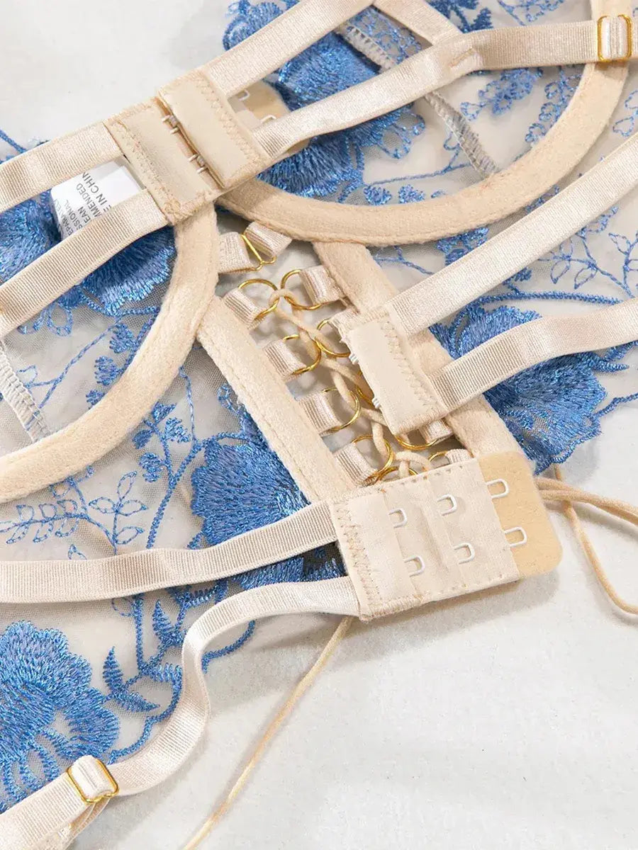 Blue bustier top lingerie with back lacing and gold chain details, adjustable for perfect fit