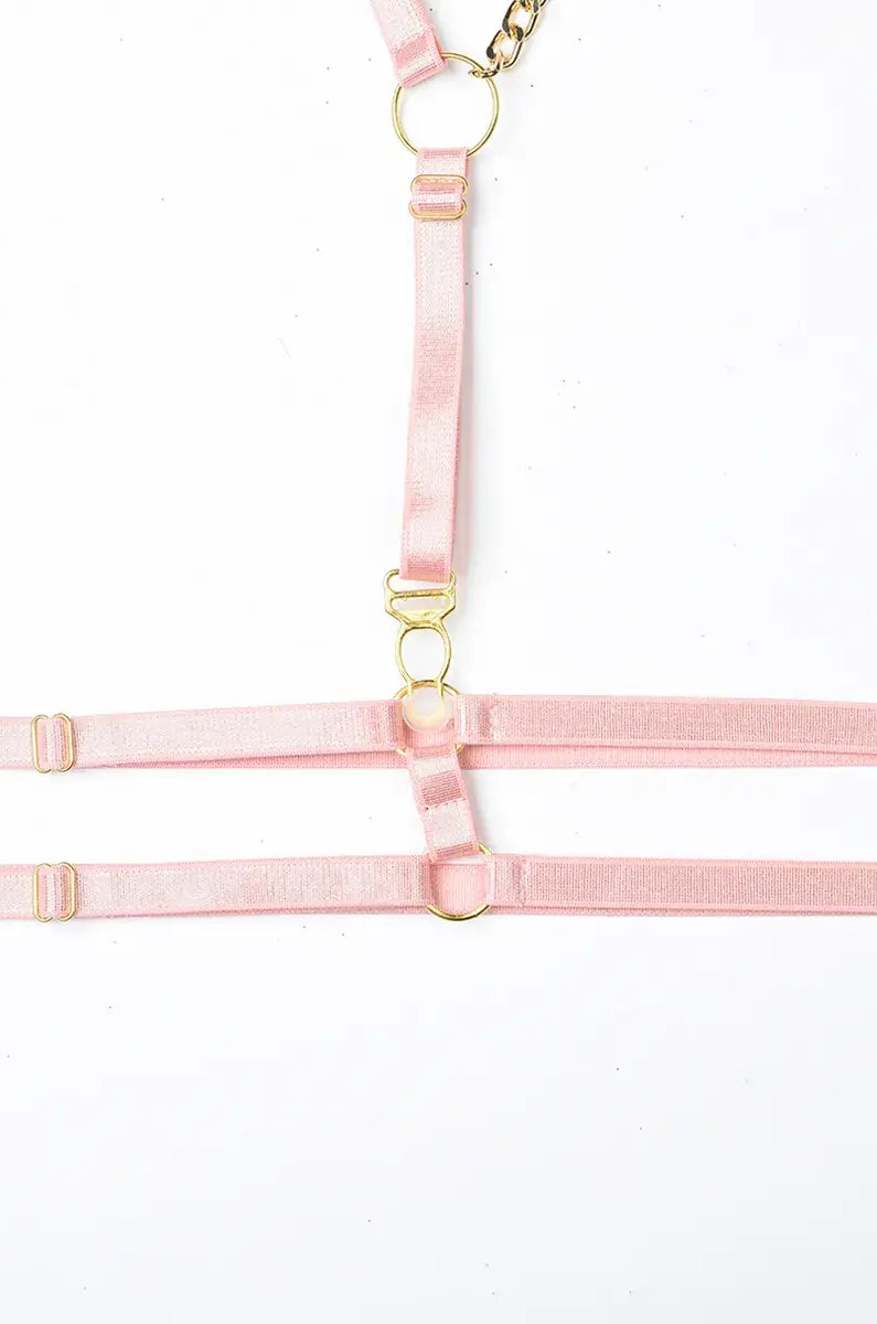 Adjustable pink thigh harness with elastic straps and shiny gold hardware, part of the Blush Bond PU lingerie set.