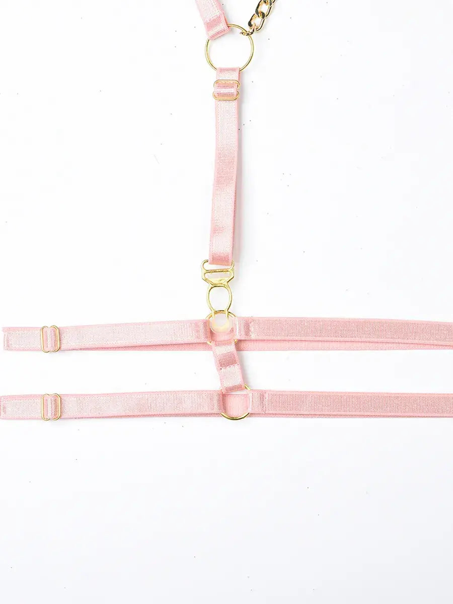 Adjustable pink thigh harness with elastic straps and shiny gold hardware, part of the Blush Bond PU lingerie set.