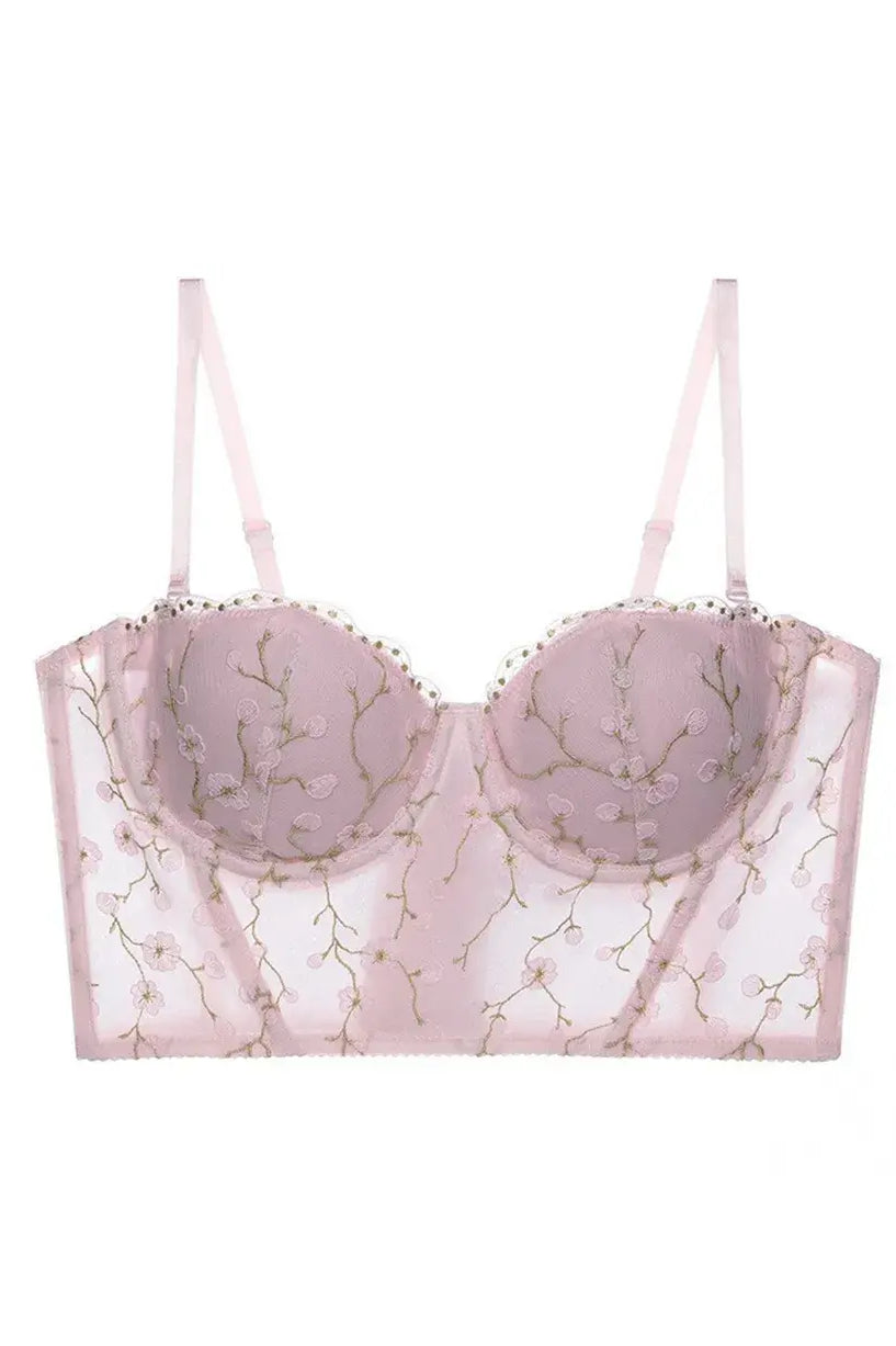 Display of blush pink bustier top lingerie with sheer embroidery and lace accents, soft and romantic style.