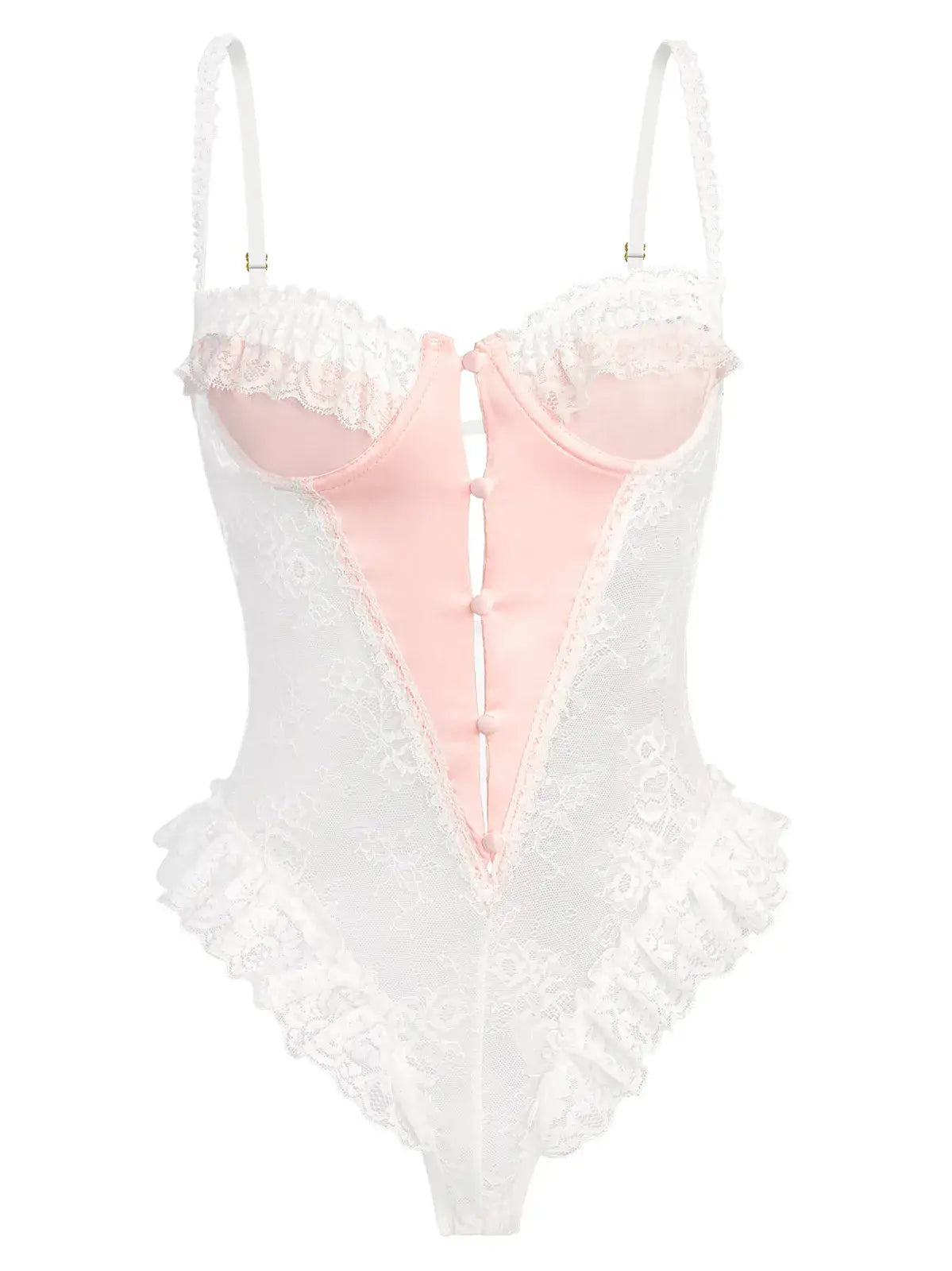 Blush Pink Satin Lace Teddy hanging on white background highlighting silhouette and lace.