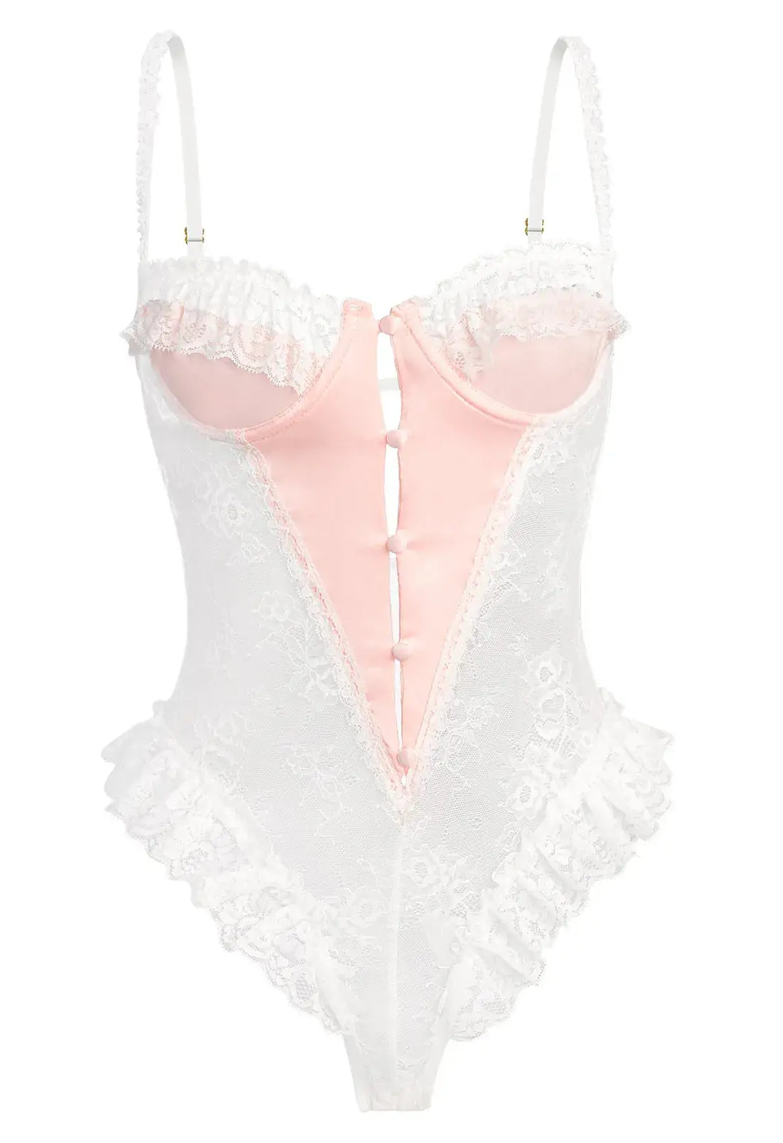 Blush Pink Satin Lace Teddy hanging on white background highlighting silhouette and lace.