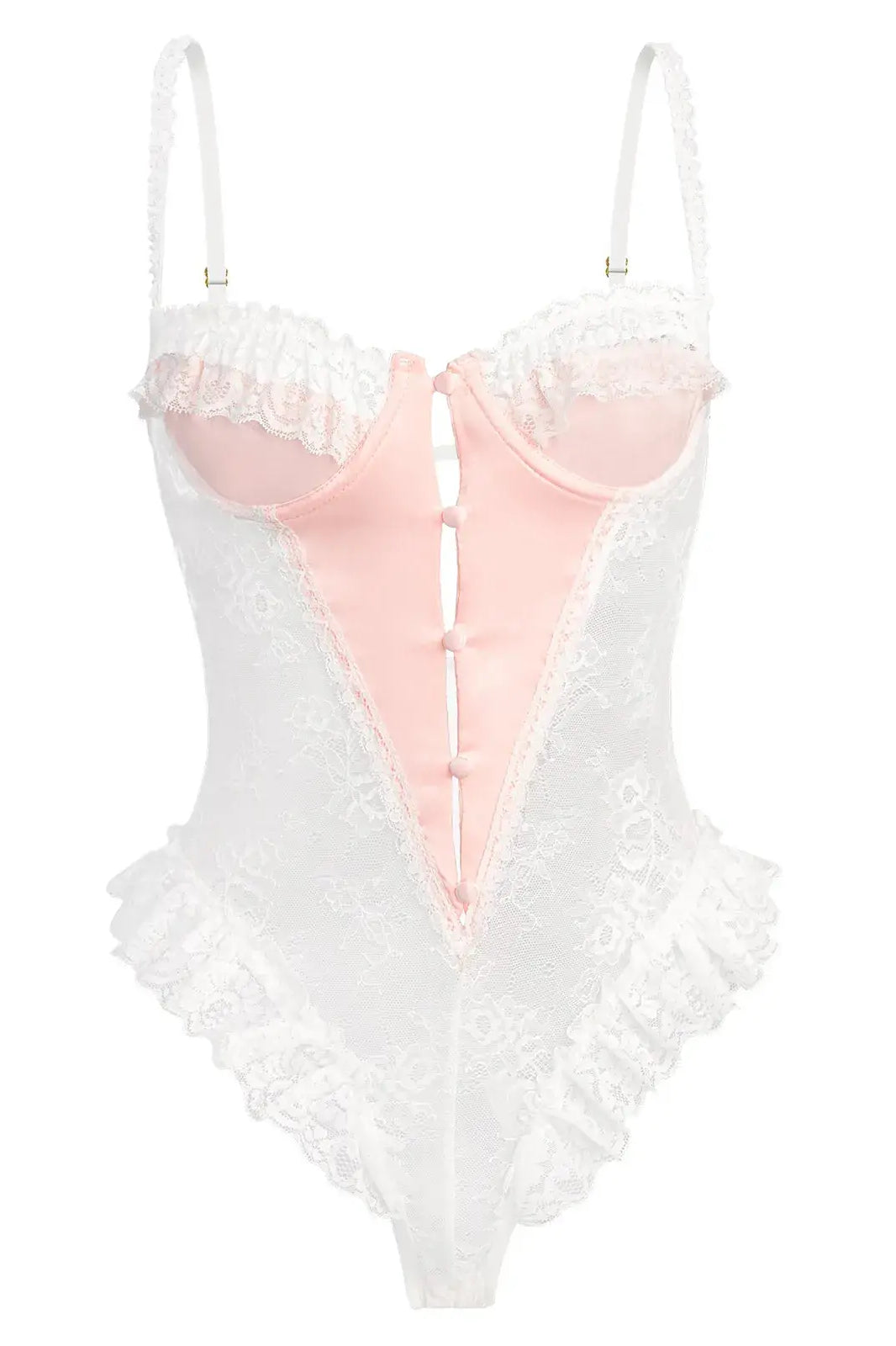 Blush Pink Satin Lace Teddy hanging on white background highlighting silhouette and lace.