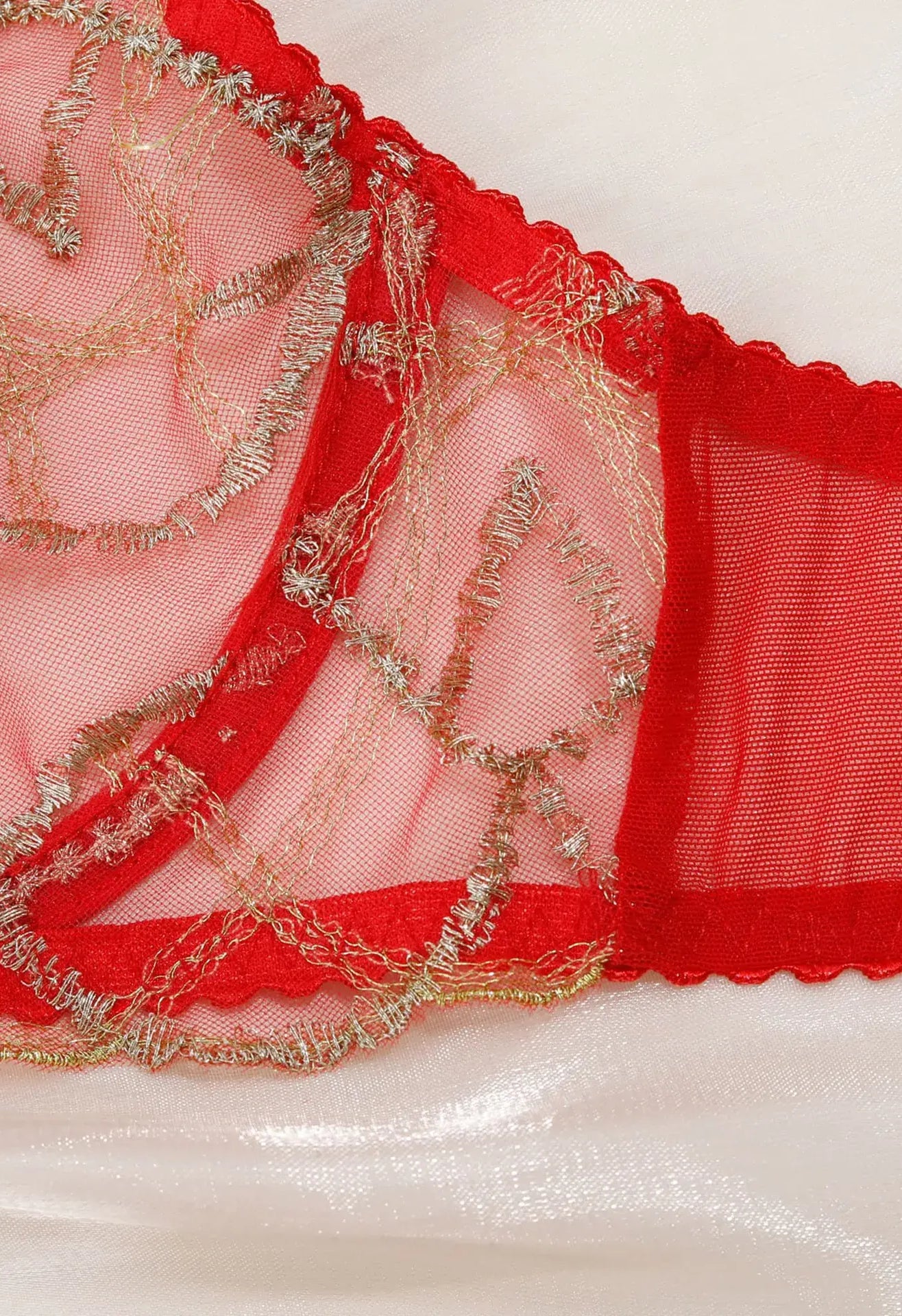 Close-up of Crimson Flame bra featuring gold thread embroidery and mesh details.