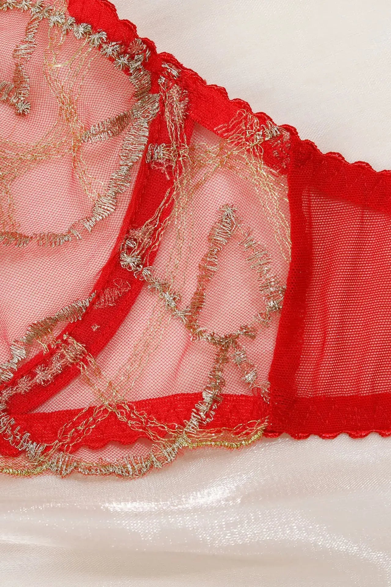 Close-up of Crimson Flame bra featuring gold thread embroidery and mesh details.