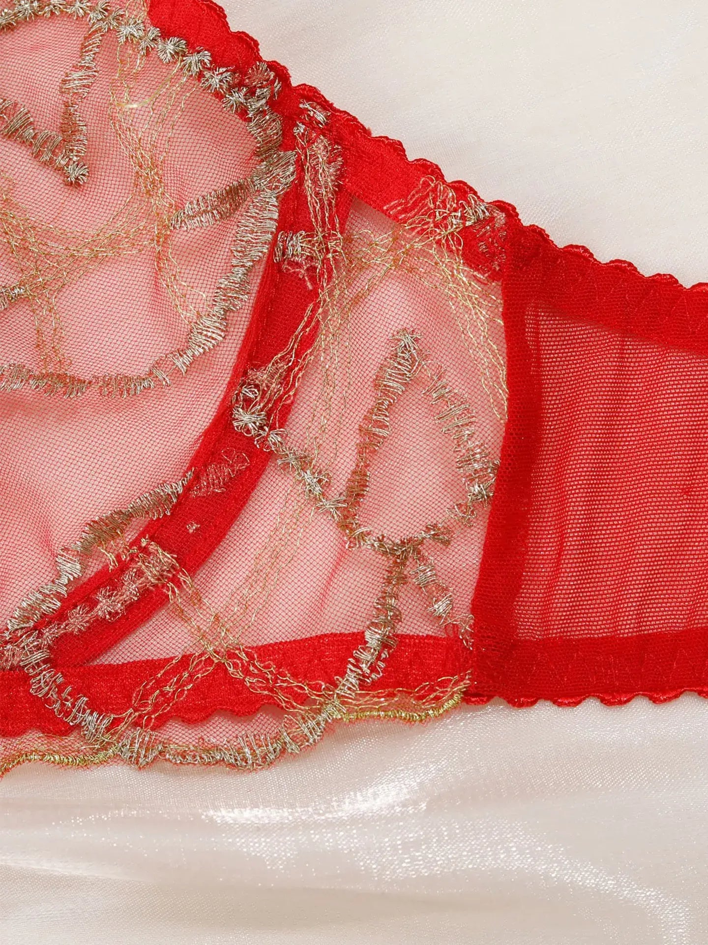 Close-up of Crimson Flame bra featuring gold thread embroidery and mesh details.